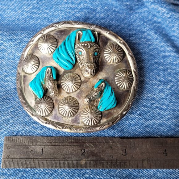 Sterling Silver and Turquoise Three Horse Head Belt Buckle - Picture 3 of 5